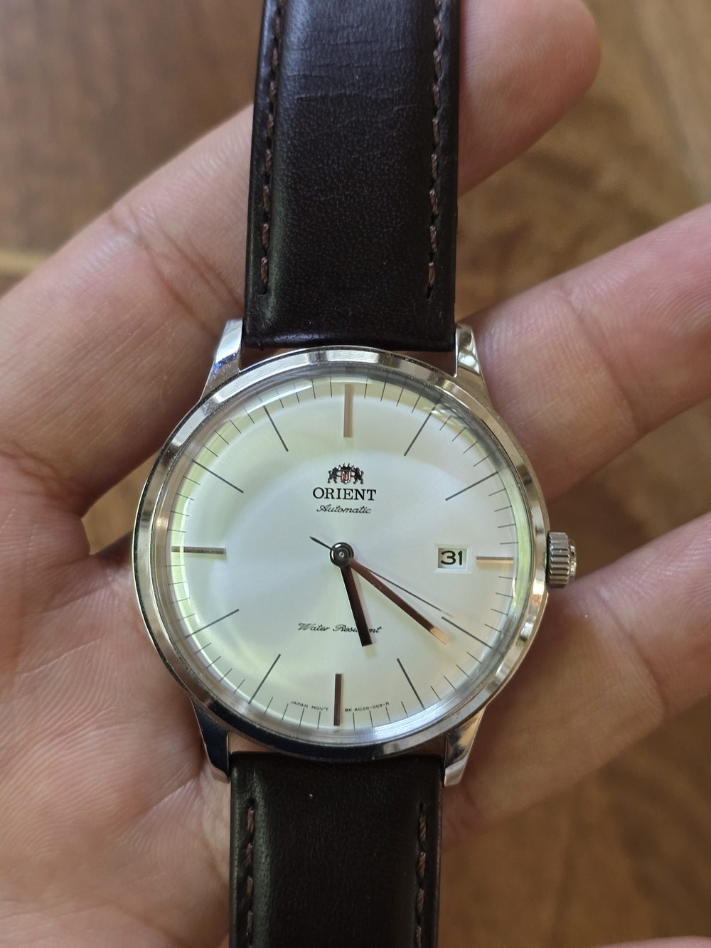 Men's Automatic Watch with Brown Leather Strap and Silver Case Orient Bambino